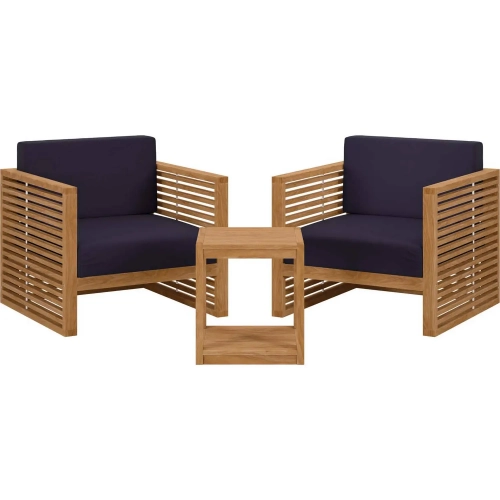 Carlsbad 3 Piece Outdoor Arm Chair Set in Teak & Navy Blue Fabric