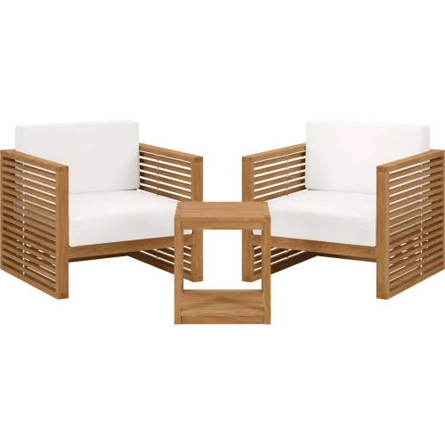 Carlsbad 3 Piece Outdoor Arm Chair Set in Teak & White Fabric