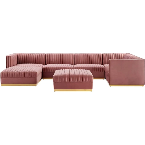 Sanguine 7 PC Right Facing Modular Sectional Sofa in Channel Tufted Dusty Rose Velvet