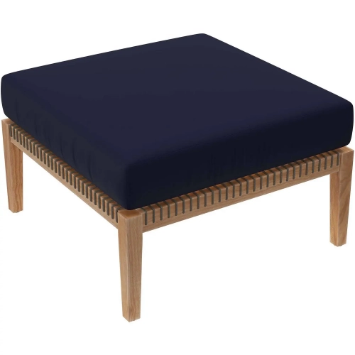 Clearwater Outdoor Ottoman in Gray Teak & Navy Blue Fabric