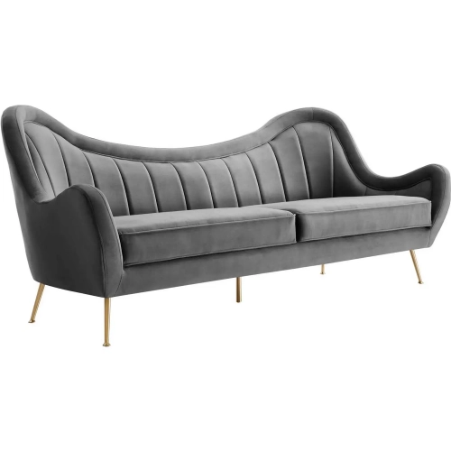 Cheshire Sofa in Channel Tufted Gray Velvet & Brushed Gold Stainless