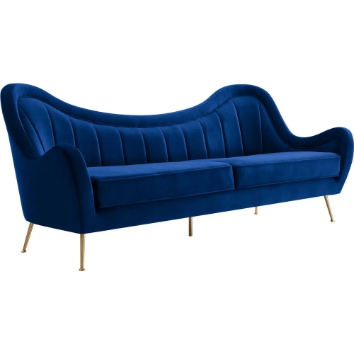 Cheshire Sofa in Channel Tufted Navy Blue Velvet & Brushed Gold Stainless