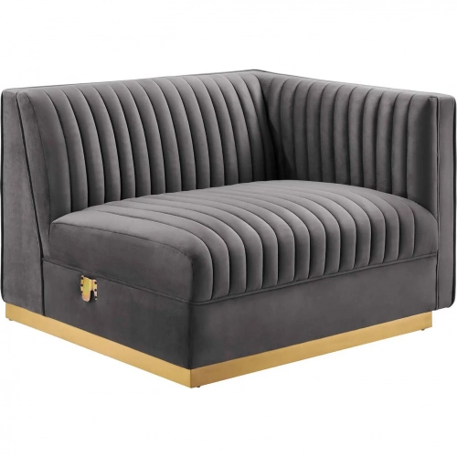 Sanguine Modular Sectional Sofa Right Arm Chair in Channel Tufted Gray Velvet