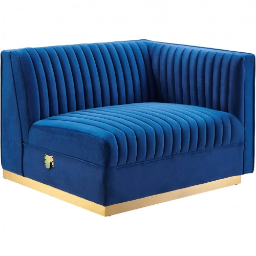 Sanguine Modular Sectional Sofa Right Arm Chair in Channel Tufted Navy Blue Velvet