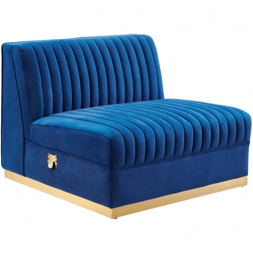 Sanguine Modular Sectional Sofa Armless Chair in Channel Tufted Navy Blue Velvet