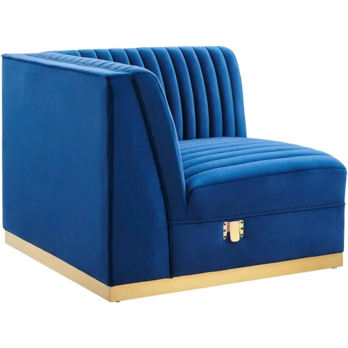 Sanguine Modular Sectional Sofa Right Corner Chair in Channel Tufted Navy Blue Velvet