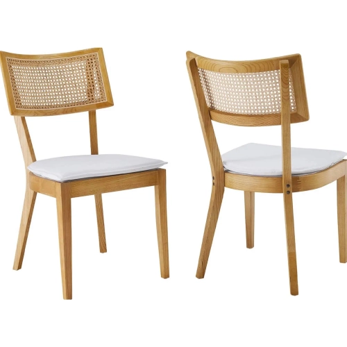 Caledonia Dining Chair in White Fabric, Rattan & Natural Wood (Set of 2)