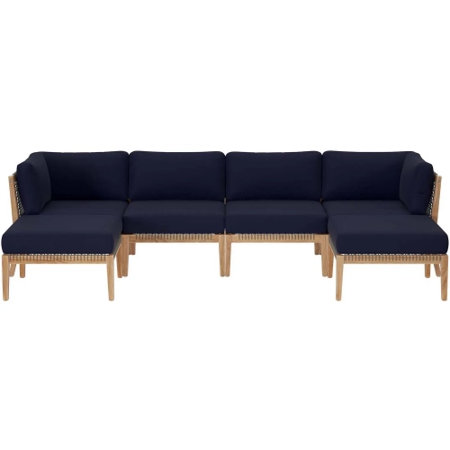 Clearwater Outdoor 6 Piece Sectional Sofa in Gray Teak & Navy Blue Fabric