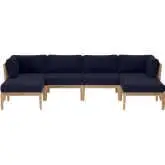 Clearwater Outdoor 6 Piece Sectional Sofa in Gray Teak & Navy Blue Fabric