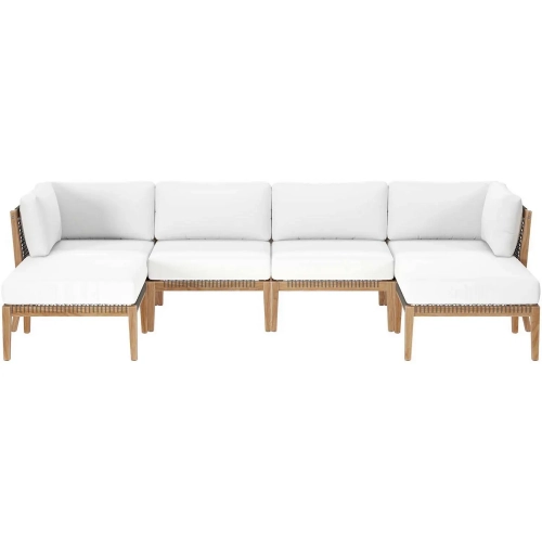 Clearwater Outdoor 6 Piece Sectional Sofa in Gray Teak & White Fabric