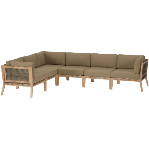 Clearwater Outdoor 6 Piece Sectional Sofa in Gray Teak & Light Brown Fabric