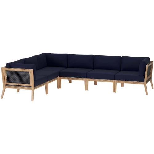 Clearwater Outdoor 6 Piece Sectional Sofa in Gray Teak & Navy Blue Fabric