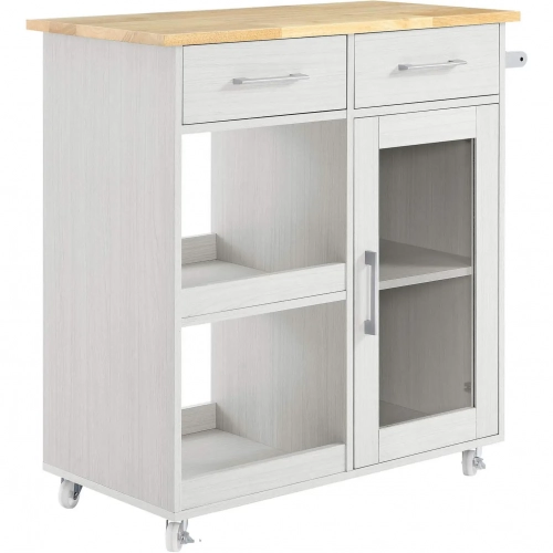 Culinary Kitchen Cart w/ Towel Bar in White w/ Natural Wood Finish Top