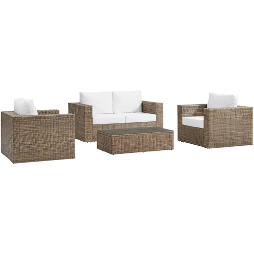 Convene Outdoor 4 Piece Loveseat Set in Cappuccino PE Rattan & White Fabric