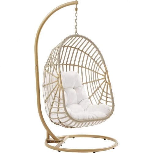 Amalie Outdoor Swing Chair w/ Stand in Rattan & White Fabric