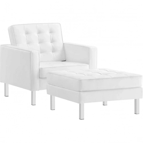 Loft Armchair & Ottoman Set in Tufted White Vegan Leather & Silver