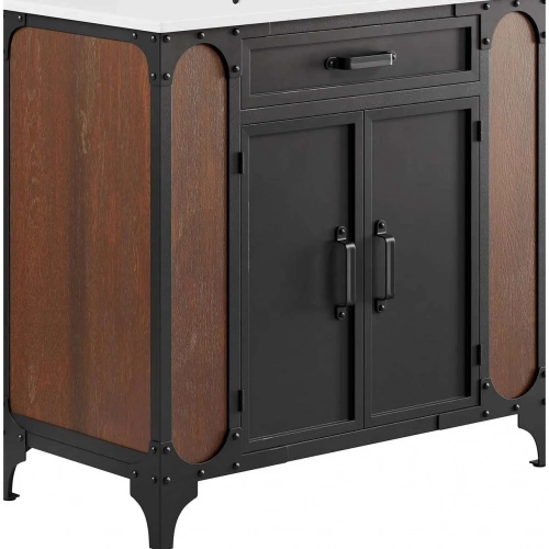 Steamforge 36" Bathroom Vanity in Wood Finish, Black Metal & White Ceramic