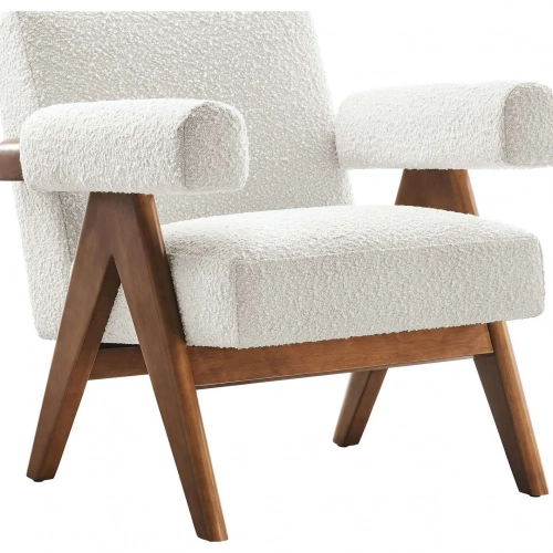 Lyra Accent Arm Chair in Ivory Boucle Fabric in Ivory Fabric & Wood