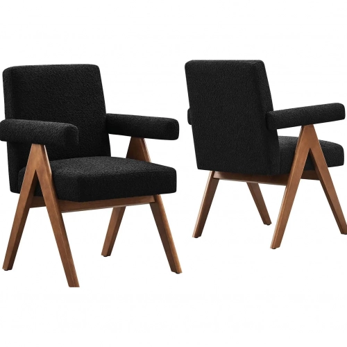 Lyra Dining Chair in Black Boucle Fabric & Wood (Set of 2)