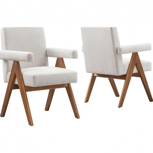 Lyra Dining Arm Chair in Ivory Fabric & Wood (Set of 2)