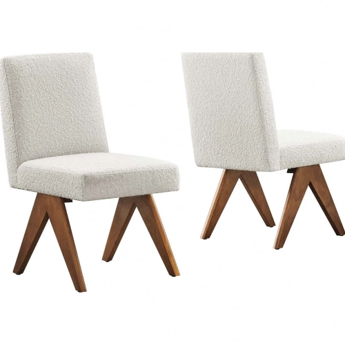 Lyra Dining Chair in Ivory Boucle Fabric & Wood (Set of 2)