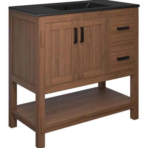 Ashlyn 36" Bathroom Vanity in Walnut Finish Wood & Black Ceramic