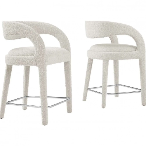 Pinnacle Counter Stool in Ivory Boucle Fabric & Silver Metal (Set of 2)