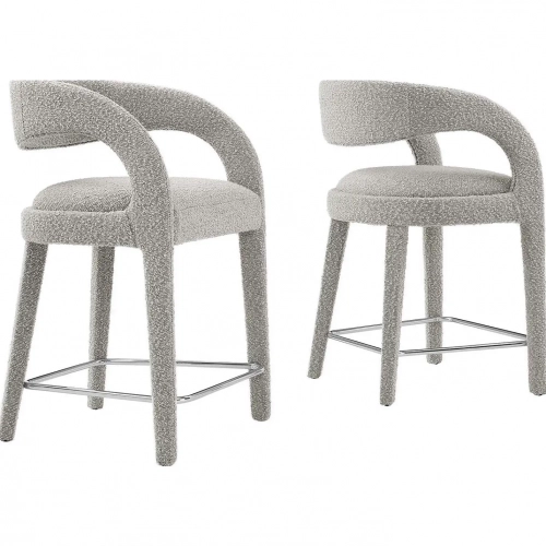 Pinnacle Counter Stool in Taupe Boucle Fabric & Silver Metal (Set of 2)