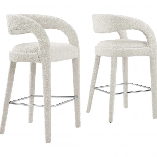 Pinnacle Bar Stool in Ivory Boucle Fabric & Silver Metal (Set of 2)