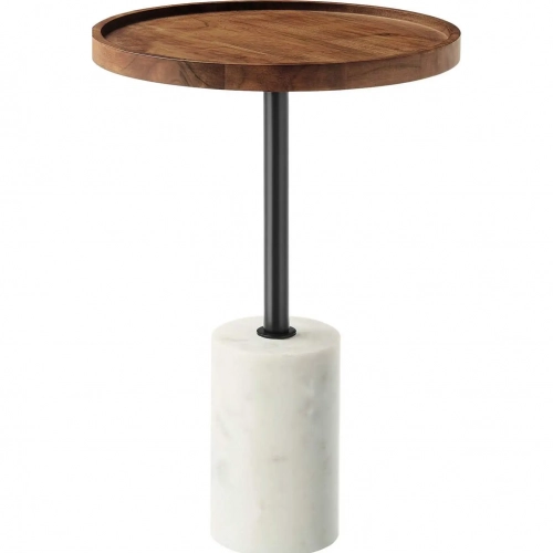 Amina Round Side Table in Light Oak Finish Acacia Wood, Metal & White Marble