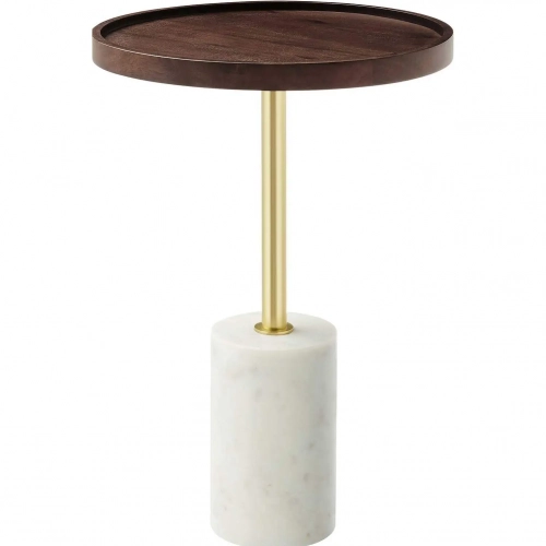 Amina Round Side Table in Walnut Finish Acacia Wood, Metal & White Marble