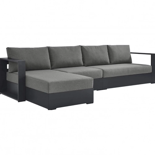 Tahoe Outdoor 3 Piece Sectional Sofa with Left Facing Chaise in Gray Aluminum & Charcoal Fabric