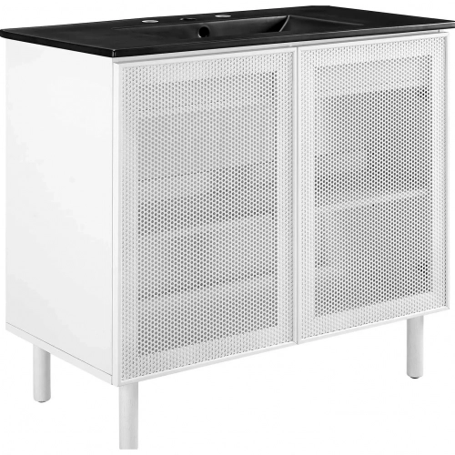 Calla 36" Bathroom Vanity in Black Ceramic, White Finish & White Perforated Metal