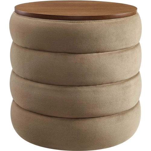 Mezzo Round Storage Ottoman in Tufted Taupe Performance Velvet & Wood Finish