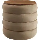 Mezzo Round Storage Ottoman in Tufted Taupe Performance Velvet & Wood Finish