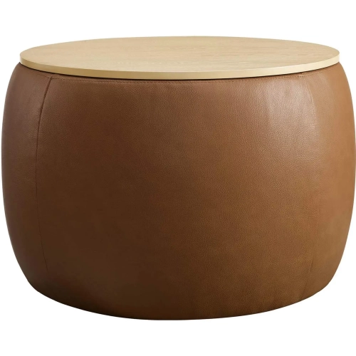 Perla Round Storage Ottoman in Tan Vegan Leather & Wood