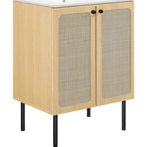 Chaucer 24" Bathroom Vanity in White Ceramic, Oak Wood Grain & Rattan