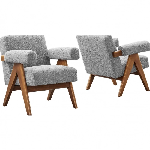 Lyra Accent Arm Chair in Light Gray Boucle Fabric & Wood (Set of 2)