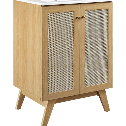 Soma 24" Bathroom Vanity in Oak, Rattan & White Ceramic