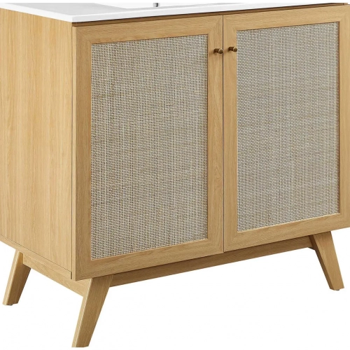 Soma 36" Bathroom Vanity in Oak, Rattan & White Ceramic