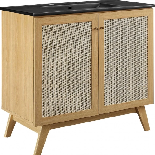 Soma 36" Bathroom Vanity in Oak, Rattan & Black Ceramic