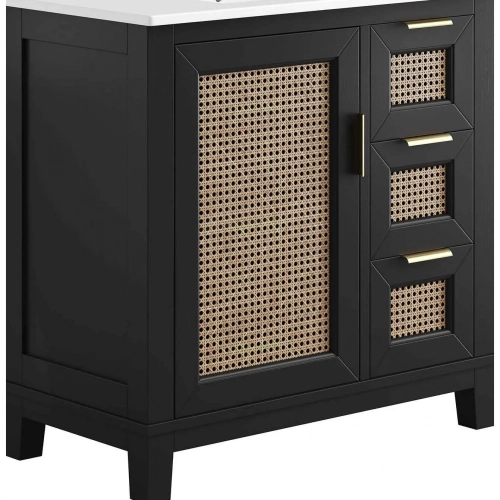 Dixie 36" Bathroom Vanity in Black, Rattan & White Ceramic