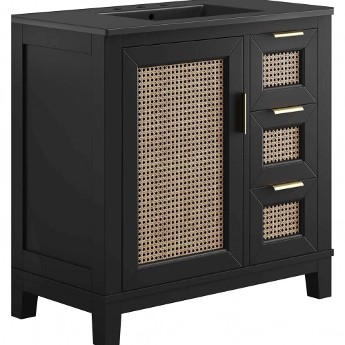 Dixie 36" Bathroom Vanity Cabinet in Black, Rattan & Black Ceramic