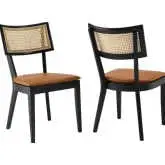 Caledonia Dining Chair in Tan Vegan Leather, Rattan & Black Wood (Set of 2)