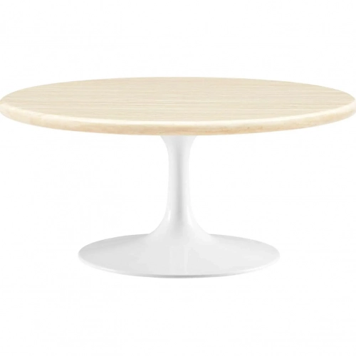 Lippa 36" Round Coffee Table in White Metal & Faux Travertine