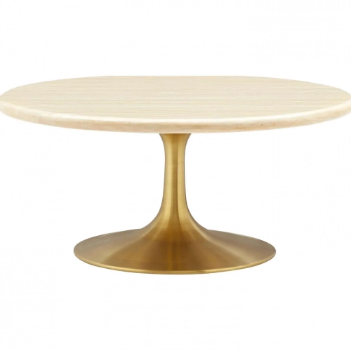 Lippa 36" Round Coffee Table in Gold Metal & Faux Travertine