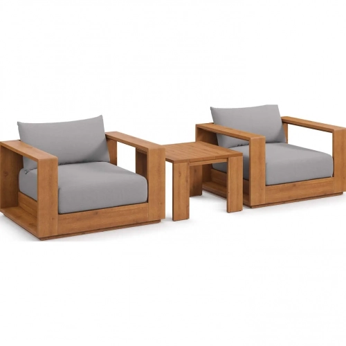 Tahoe Outdoor 3 Piece Accent Chair Set in Natural Acacia Wood & Light Gray Fabric