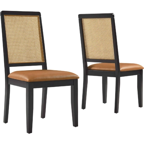 Arlo Dining Chair in Black Wood, PE Rattan & Tan Vegan Leather (Set of 2)