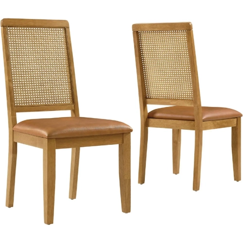 Arlo Dining Chair in Wood, PE Rattan & Tan Vegan Leather (Set of 2)