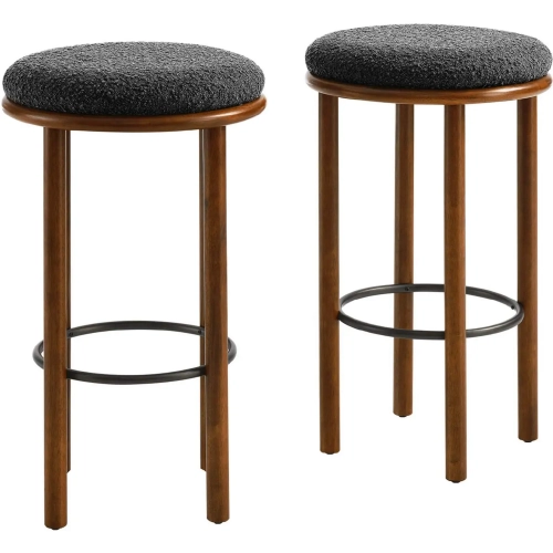 Fable Bar Stool in Walnut Finish Wood & Charcoal Gray Boucle Fabric (Set of 2)